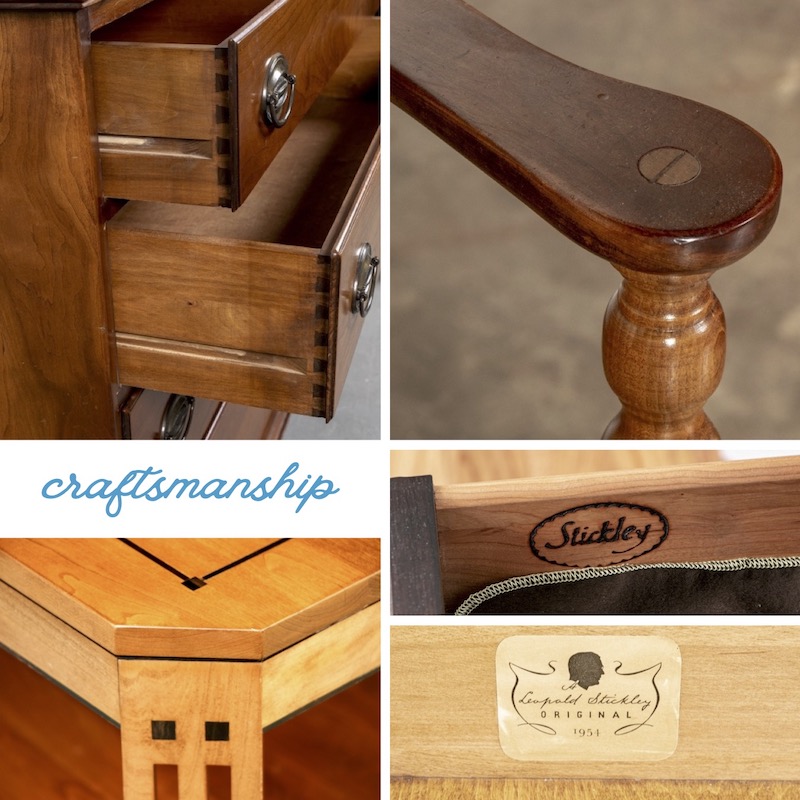 Examples of vintage Stickley craftsmanship include fine inlay work, tight joinery, and dovetail joints.